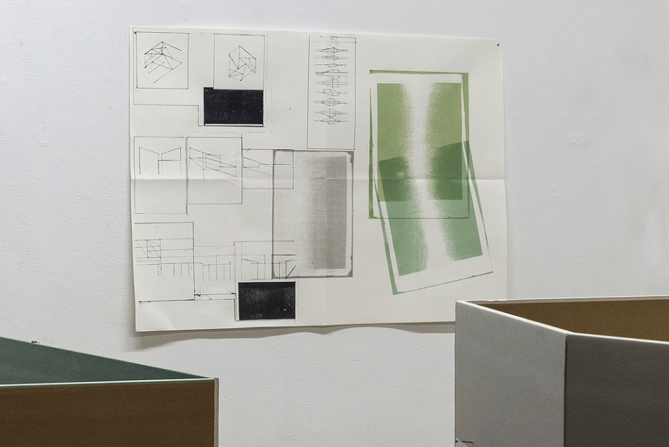 map/plan, screenprint on paper, 70 x 100cm; hand luggage – exhibition view